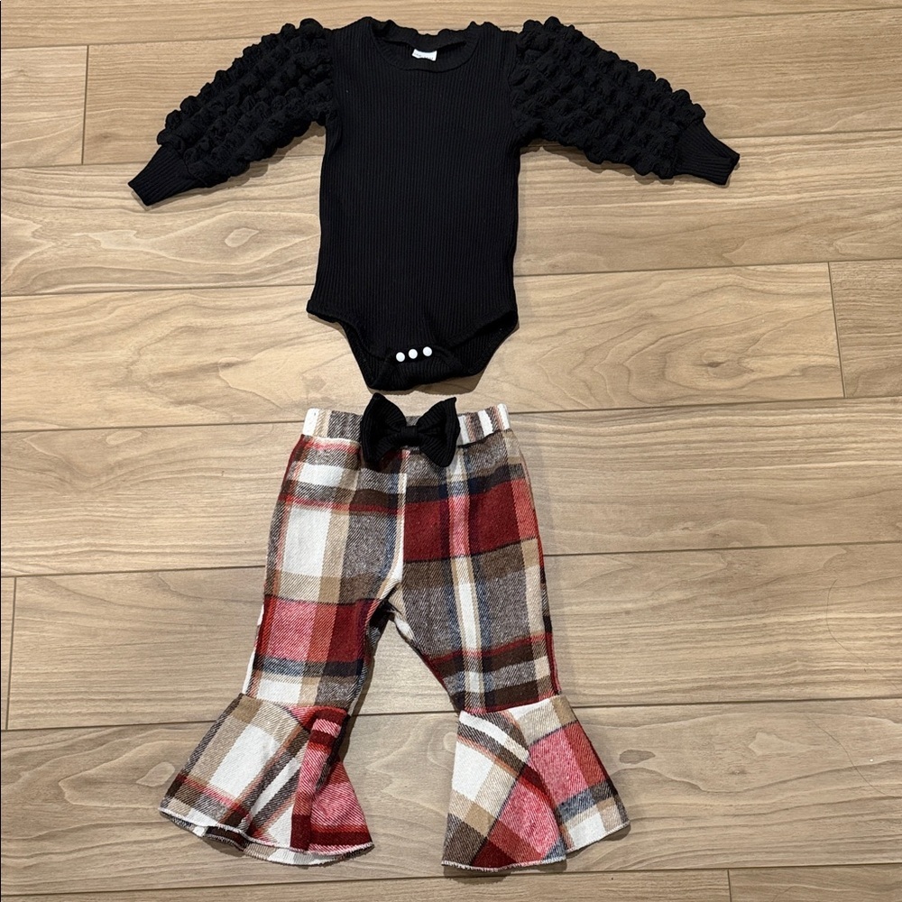 Black Puffy Sleeve Onesie with Plaid Flare Pants